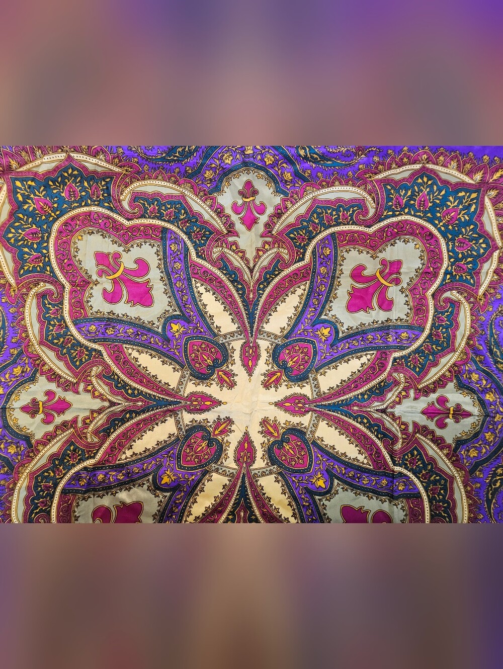 Bill Blass All Silk Vibrant Paisley Silk Scarf in Pink, Purple & Cream